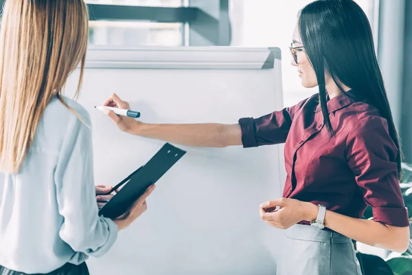 Mujeres de negocios en ropa formal escrito en pizarra blanca - foto de stock