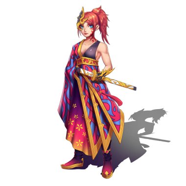 Soğuk, zarif, Swords.Anime ve beyaz Background.Video oyun dijital Cg sanat, konsept illüstrasyon, gerçekçi çizgi film tarzı karakter tasarımı izole karikatür tarzı ile sıcak güzel samuray kız