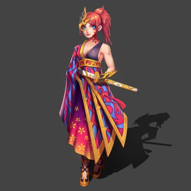 Soğuk, zarif, Swords.Anime ve beyaz Background.Video oyun dijital Cg sanat, konsept illüstrasyon, gerçekçi çizgi film tarzı karakter tasarımı izole karikatür tarzı ile sıcak güzel samuray kız