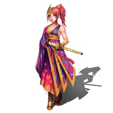 Soğuk, zarif, Swords.Anime ve beyaz Background.Video oyun dijital Cg sanat, konsept illüstrasyon, gerçekçi çizgi film tarzı karakter tasarımı izole karikatür tarzı ile sıcak güzel samuray kız