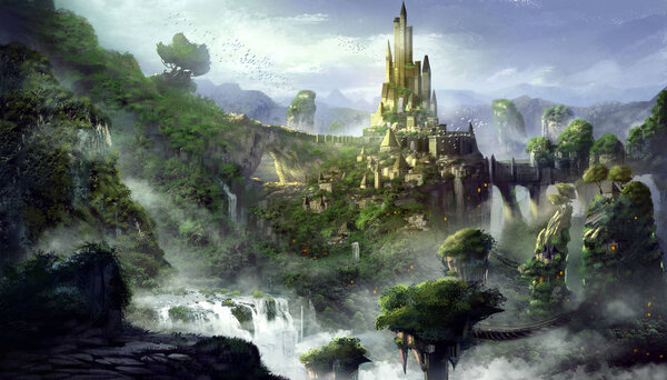 Castle Mountain with Fantastic, Realistic and Futuristic Style. Video Game's Digital CG Artwork, Concept Illustration, Realistic Cartoon Style Scene Design