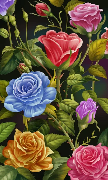 Floral Background, Colorful Rose and Flowers. Mobile Phone Case Cover, Creative Illustration and Innovative Art. Realistic Fantastic Cartoon Style Artwork Scene, Wallpaper, Story Background.