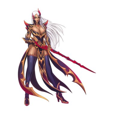 Ejderha Savaşçısı, Anime ve çizgi film tarzı siyah arka plan üzerinde izole Knight kızla. Video oyun dijital Cg sanat, konsept illüstrasyon, gerçekçi karikatür tarzı karakter tasarımı