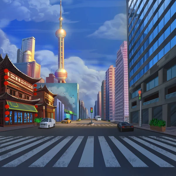 China ShangHai Street Realistic Country City Area Painting Series. Video Game\'s Digital CG Artwork, Concept Illustration, Realistic Cartoon Style Scene Design