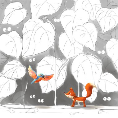 Fox ve kuş. Seyahat serisi biriyle. Video oyun dijital Cg sanat, konsept illüstrasyon, gerçekçi karikatür tarzı karakter tasarımı