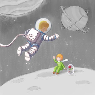 Adam astronot ve küçük prenses. Seyahat serisi biriyle. Video oyun dijital Cg sanat, konsept illüstrasyon, gerçekçi karikatür tarzı karakter tasarımı