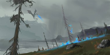 Ejderha arazi. Fantezi konu. Spitpaint. Konsept sanat. Hızlı çizimler. Boya kroki. Gerçekçi tarzı. Video oyunu dijital Cg sanat, konsept illüstrasyon, gerçekçi karikatür tarzı sahne tasarımı