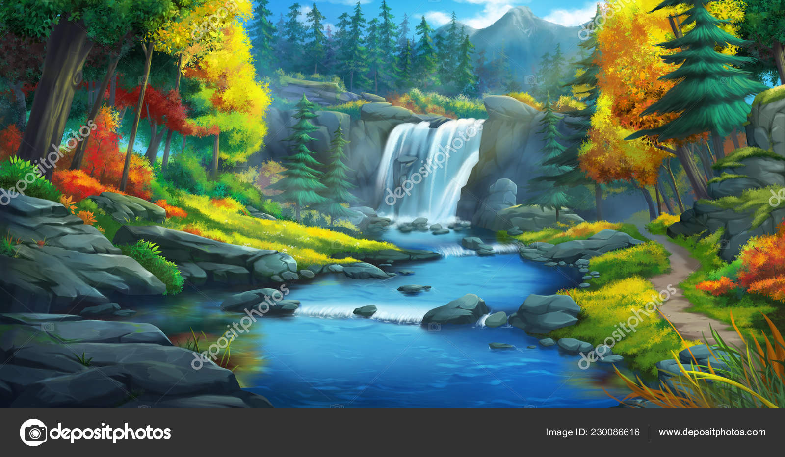 Waterfall Fiction Backdrop Concept Art Illustration Video Game Stock Photo by ©NextMars 230086616