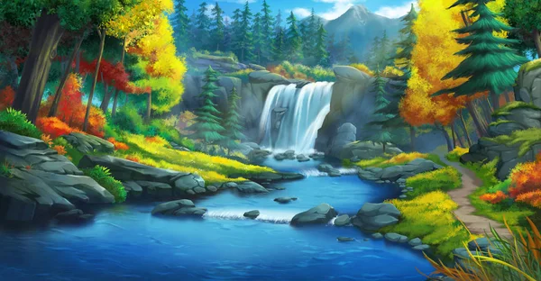 Bosque Cascada Fondo Ficción Arte Conceptual Ilustración Realista Videojuego Digital — Foto de Stock