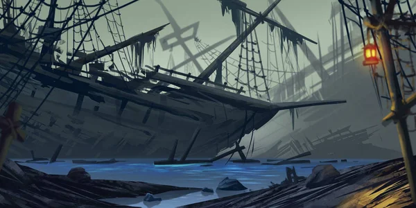 Stranded Statek Ghost Ship Fiction Tło Koncepcja Sztuki Realistyczne Ilustracje — Zdjęcie stockowe