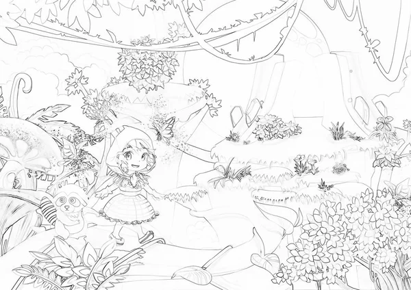 close up view of girl and raccoon in forest illustration