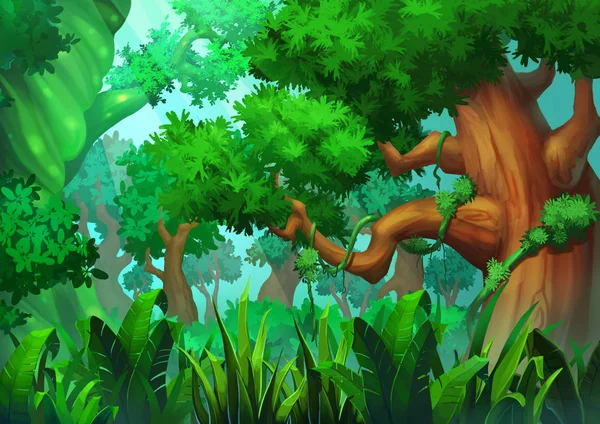 Зеленый Лес Глубокой Травой Волшебными Цветами Рисунок Стиле Мультфильма Обои — стоковое фото