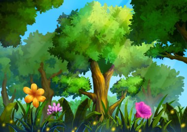Yeşil orman derin çim ve büyülü çiçeklerle. Gerçekçi karikatür tarzı sahne, duvar kağıdı, arka plan tasarımı. İllüstrasyon