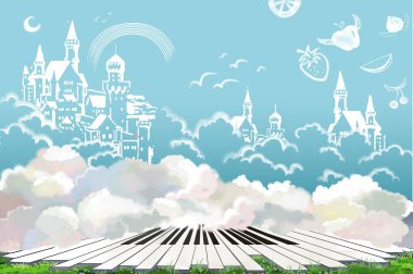 Mutlu bir hayat harika ülkesi. Castle, meyve gökyüzünde doodled. Çimenlerin üzerinde piyano tuşları. Gerçekçi karikatür tarzı yaratıcı bir fikir tasarım. İllüstrasyon