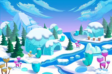 Eskimo Igloo kasaba. Köprü, buz nehir, Buz Dağı, buz çiçekleri, yeşil çam ağaçları. Gerçekçi karikatür tarzı yaratıcı sahne, duvar kağıdı, arka plan tasarımı. İllüstrasyon
