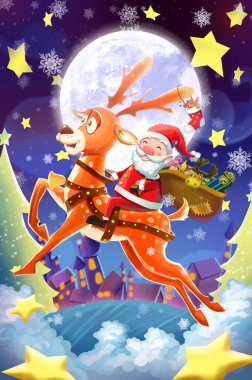 Mutlu Noeller ve mutlu yeni yıl! Mutlu Noel Baba ve onun geyik ayarla Off için göndermek sen hediye! Gerçekçi karikatür tarzı sahne, duvar kağıdı, arka plan tasarımı. İllüstrasyon