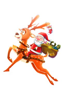 Mutlu Noel Baba ve hediyeler göndererek onun geyik! Gerçekçi karikatür tarzı karakter tasarımı. İllüstrasyon