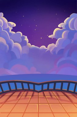 Güzel yıldızlı gece bulutlu. Balkon görünümü. Gerçekçi karikatür tarzı sahne, duvar kağıdı, arka plan tasarımı. İllüstrasyon
