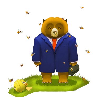 Big Bear evrak çantası vermek istiyorum ile kadar sinirli. bir arı onun gürültü. Onun hatası hakkında. Fantastik karikatür tarzı fikir tasarım. İllüstrasyon