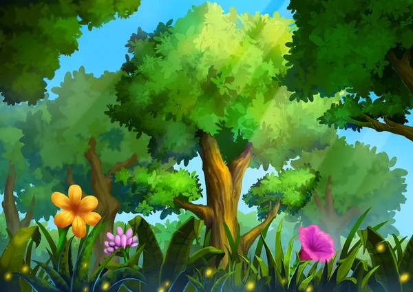 魔法の花と深い草の緑の森 リアルな漫画スタイル シーン 背景デザイン — ストック写真