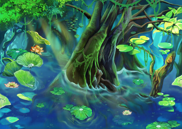 Tree Pond. Realistic Cartoon Style Scene, Wallpaper, Background Design. Illustration