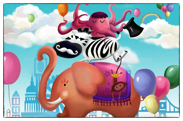 Happy Animal Friends Card. The Elephant, The Zebra, The Octopus. Realistic Cartoon Style Scenery, Wallpaper, Background Design. Illustration