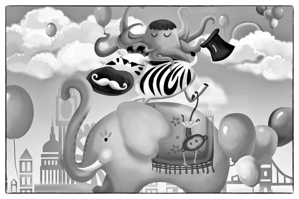 Happy Animal Friends Card Black and White version. The Elephant, The Zebra, The Octopus. Realistic Cartoon Style Scenery, Wallpaper, Background Design. Illustration