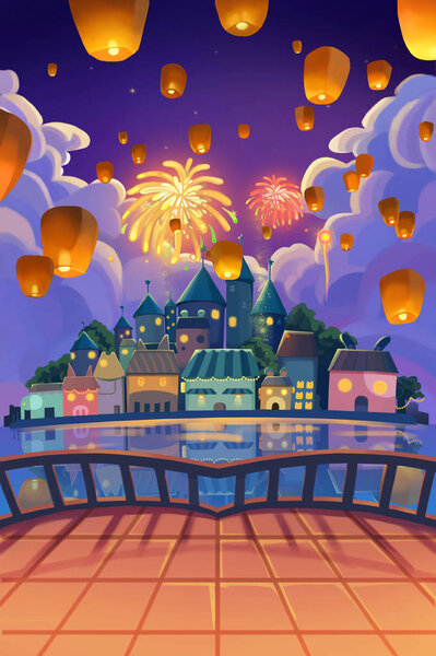 Happy Holiday. Best Holiday Card for New Year. Balcony View. Beautiful Sky Lantern and Firework. Realistic Cartoon Style Scene, Wallpaper, Background Design. Illustration