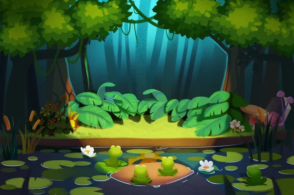 Spotlight Ljusnade Skogen Realistiska Fantastiska Tecknad Stil Scen Tapeter Bakgrundsdesign — Stockfoto