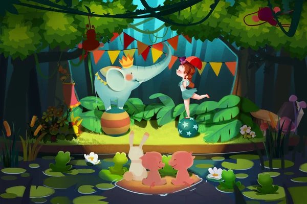 The Forest Show Realistic Fantastic Cartoon Style Scene, Wallpaper, Background Design. Illustration