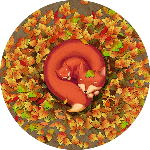 Artwork Sleeping Fox Mother Child Falling Leaves Inglés Realista Fantástico — Foto de Stock