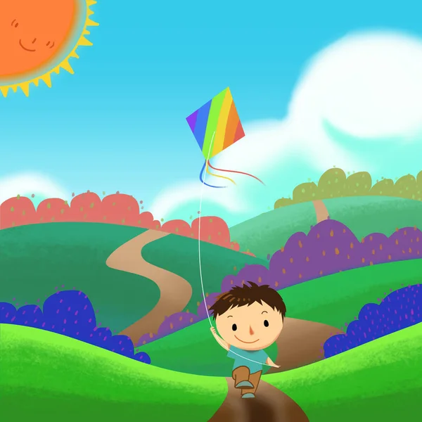 Kid Running Flying Kite Colorful Field Fondo Pantalla Realista Estilo — Foto de Stock