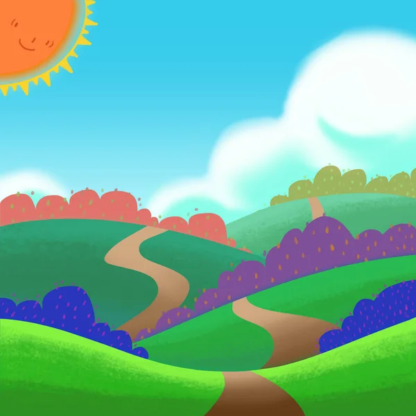 Colorful Field. Realistic Fantastic Cartoon Style Wallpaper, Scene, Background, Card Design. Illustration