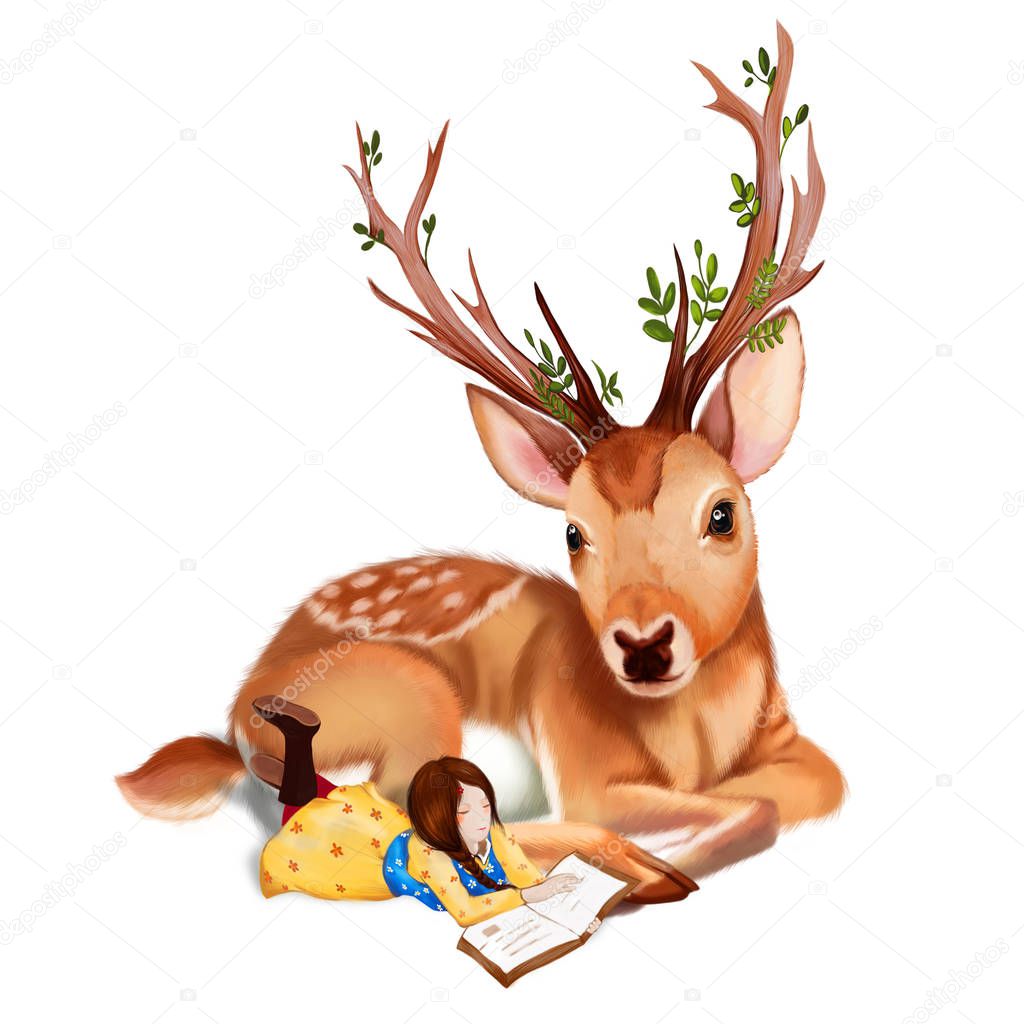 The Deer Rider is Taking the rest at the Deers Side, Reading a Book. Realistic Fantastic Cartoon Style Wallpaper, Background, Card Design. Illustration