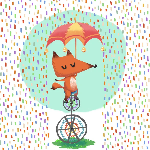 可爱的狐狸与伞插图的特写视图 — 图库照片