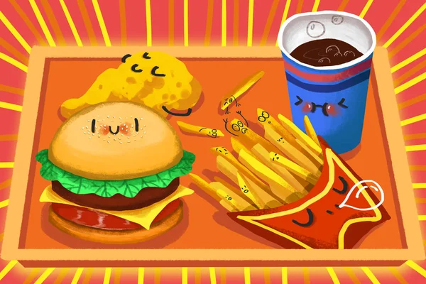 Vista Perto Ilustração Junk Food Colorida — Fotografia de Stock