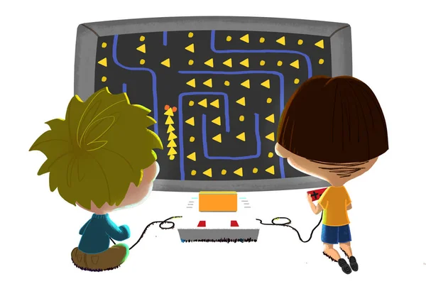 Visão Perto Das Crianças Jogando Ilustração Jogo Computador — Fotografia de Stock