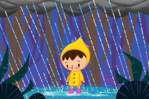 Close View Girl Rainy Forest Illustration — Stock Photo, Image