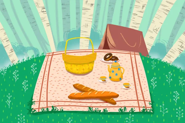 Close Uitzicht Picknick Mat Met Voedsel Illustratie — Stockfoto