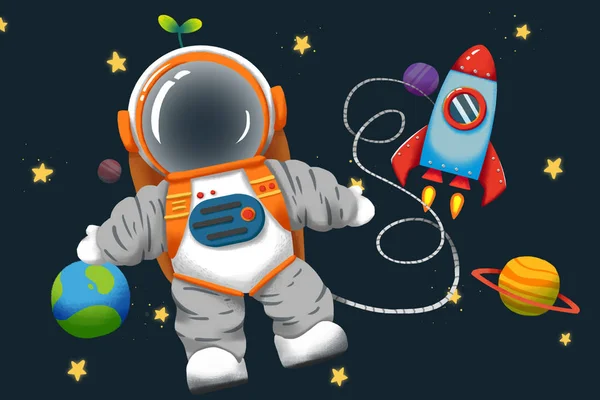 Närbild Astronaut Och Raket Illustration — Stockfoto