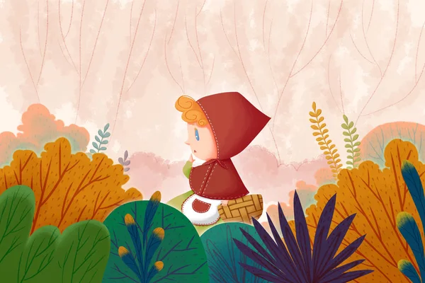 童话森林与小女孩在红帽 逼真的梦幻般的卡通风格艺术作品场景 故事背景 卡设计 — 图库照片