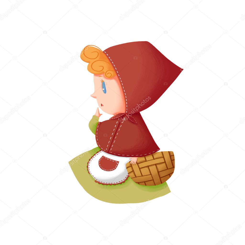 Little Cute Girl With Food Basket isolated in White Background. Realistic Fantastic Cartoon Style Artwork Scene, Wallpaper, Story Background, Card Design  