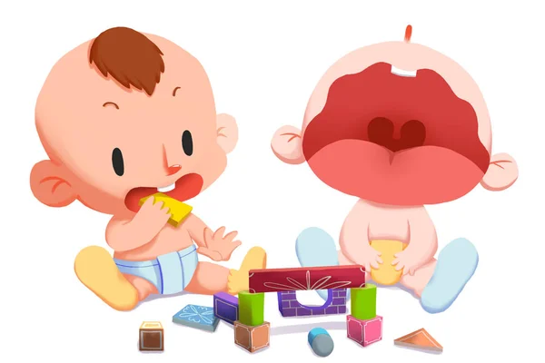 Dvojčata Dětská Hra Bloky Realistický Fantastický Kreslený Styl Grafika Scéna — Stock fotografie