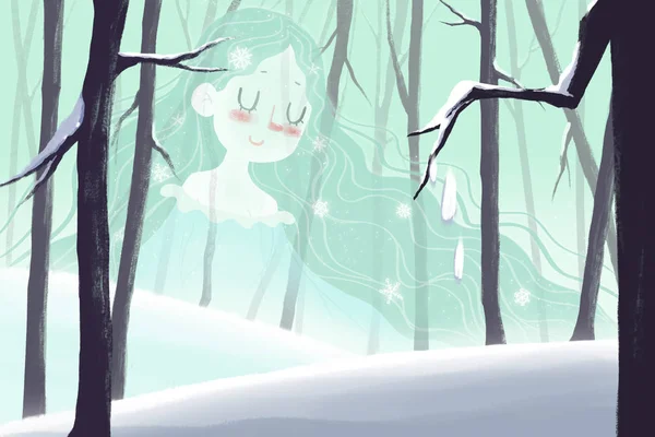 Winter Fairy Shows up in the Snow Forest. Child Fairy Tale Story. Realistic Fantastic Cartoon Style Artwork Scene, Wallpaper, Story Background, Card Design