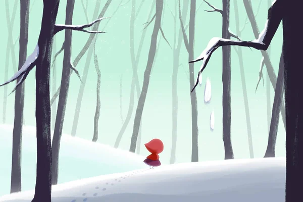 Winter Forest Little Girl Red Hood Inglés Escena Realista Fantástica — Foto de Stock