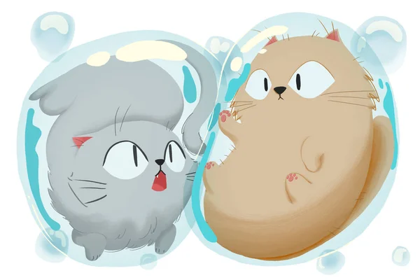 バブルで遊ぶ猫たち リアルな幻想的な漫画スタイルのアートワークシーン ストーリーの背景 カードデザイン — ストック写真