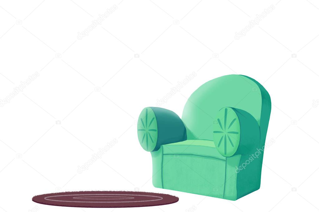  Sofa and Carpet isolated on White Background. Realistic Fantastic Cartoon Style Artwork Scene, Wallpaper, Story Background, Card Design