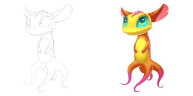 Akıllı Ahtapot Tilki Yaratık. Boyama Kitabı, Anahat Kroki, Canavar Maskot Karakter Tasarımı Beyaz Arka Plan izole 