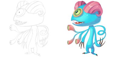 Çift Boynuz koyun şeytan yaratık. Boyama Kitabı, Anahat Kroki, Canavar Maskot Karakter Tasarımı Beyaz Arka Plan izole