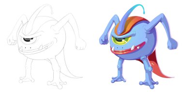 One Eye Alien Ball Hero ve Dragon Creature. Boyama Kitabı, Anahat Kroki, Canavar Maskot Karakter Tasarımı Beyaz Arka Plan izole